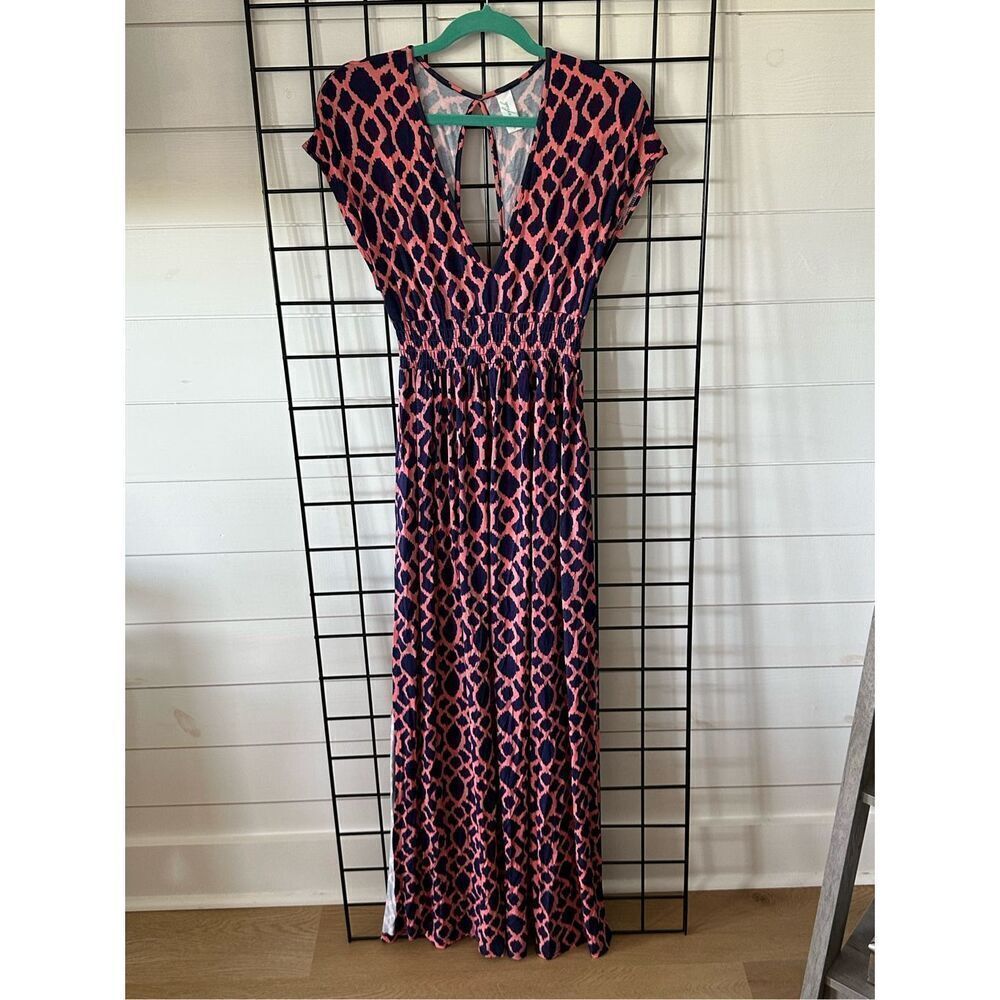 Retro vintage print sleeveless maxi‎ dress Womens small Blue slit legs